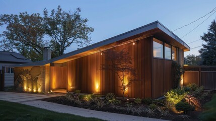 Fototapeta premium suburban mid-century modern home's custom woodwork fa? section ade featuring dynamic angles and hidden lighting