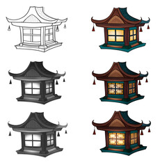 Png Clip art game object Japanese pagoda house white background linear drawing for children coloring book black and white color drawing Toy pagoda japan Japanese lantern glowing item asset Game art