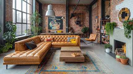 Fototapeta premium Modern Industrial Loft Living Room with Stylish Decor and Cozy Ambience