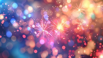 A blurred festive background with fireworks in the color of the American flag. The United States of America The flag of the United States on the background of fireworks on July 4th
