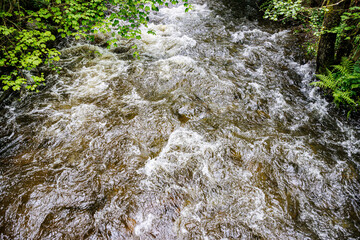 River brimming with rainwater in Warche Valley, view from high perspective, fast flowing water...
