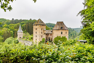 Stone towers of Reinhardstein castle in Warche Valley mountain, view from a lookout, green leafed trees and wild vegetation in misty and blurry background, summer day in Waimes, Belgium © Emile