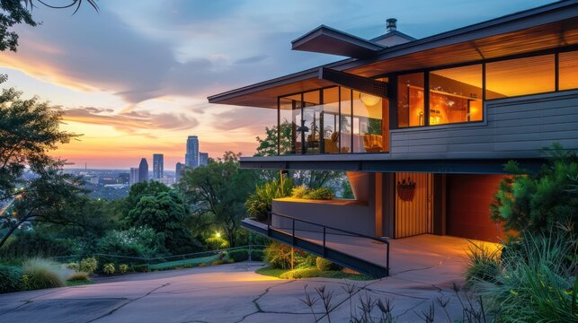 suburban mid-century modern home with an angular, cantilevered second story that offers a stunning view of the city skyline