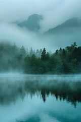 Fototapeta premium A misty forest with a lake in the background. The trees are tall and the sky is cloudy