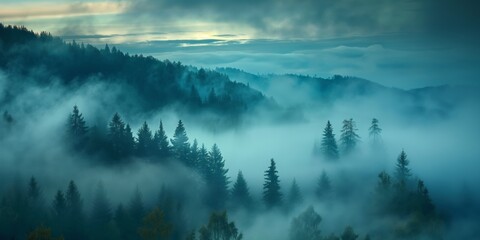 Fototapeta premium A misty forest with a cloudy sky above. The trees are tall and dense, creating a sense of depth and mystery. The foggy atmosphere adds to the overall mood of the scene, making it feel serene