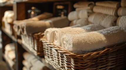 Towels in a wicker basket ideal for home decor and design concepts