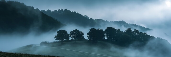 A foggy mountain landscape with trees and a road. The fog is thick and the trees are tall