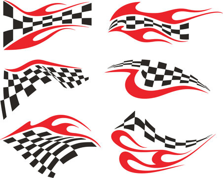 Vector Racing Flame Designs with Checkered Flags for Vehicle Vinyl Decals. Ready-to-cut graphics, great for sport cars, ATVs, trucks, motors and bikes.