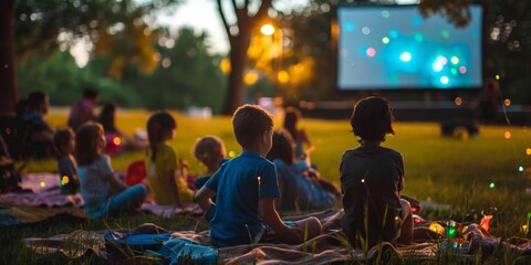 A group of children are sitting on a blanket in a park watching a movie. Scene is lighthearted and fun, as the children are enjoying a movie together in a relaxed outdoor setting