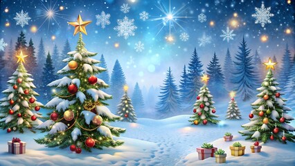 Obraz premium winter Christmas background, where elegant Christmas trees can be seen against the background of falling snowflakes