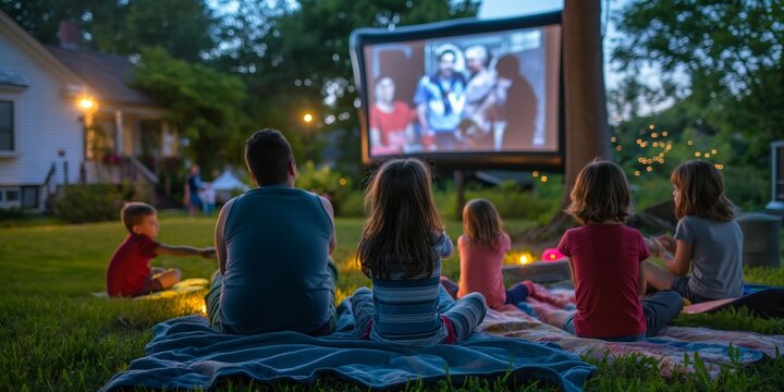 A group of children are sitting on a blanket in a yard watching a movie. Scene is relaxed and fun, as the children are enjoying a movie night together