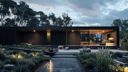 Obraz premium suburban contemporary home with a minimalist black facade and dramatic uplighting, creating a striking contrast with the natural surroundings