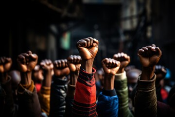 Group of activists raising their fists in unity, close-up on hands, protest demonstration