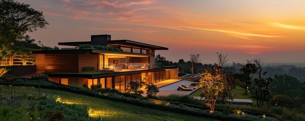 Luxurious modern house at dusk with warm lighting and large windows.