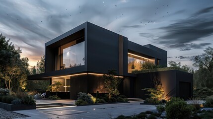 Fototapeta premium suburban contemporary home with a minimalist black facade and dramatic uplighting, creating a striking contrast with the natural surroundings
