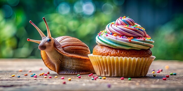 Snail's Sweet Treat A Rainbow Cupcake and A Curious Gastropode on Wooden Table, Colorful, Sprinkles, Dessert ,Snail, Cupcake
