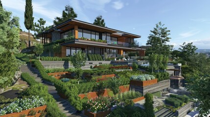 Suburban Contemporary home integrated into a hillside, featuring terraced gardens and panoramic views