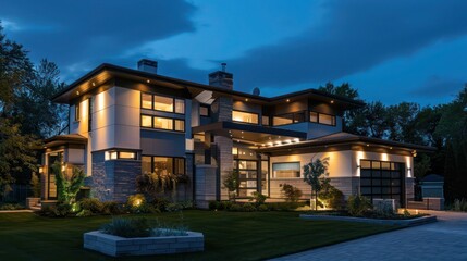 Suburban Contemporary home at night, with outdoor lighting highlighting its architectural features and clean lines