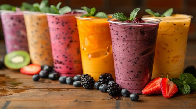 Six colorful fruit smoothies in plastic cups with fruit garnishes, arranged in a row on a wooden table, surrounded by fresh fruits and mint leaves.

