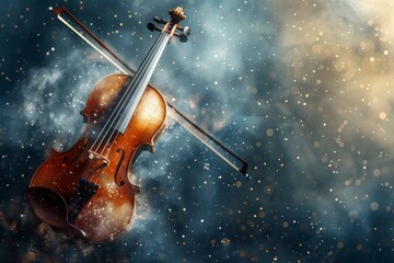 Violin with bow on cosmic background evoking mystical atmosphere music concept