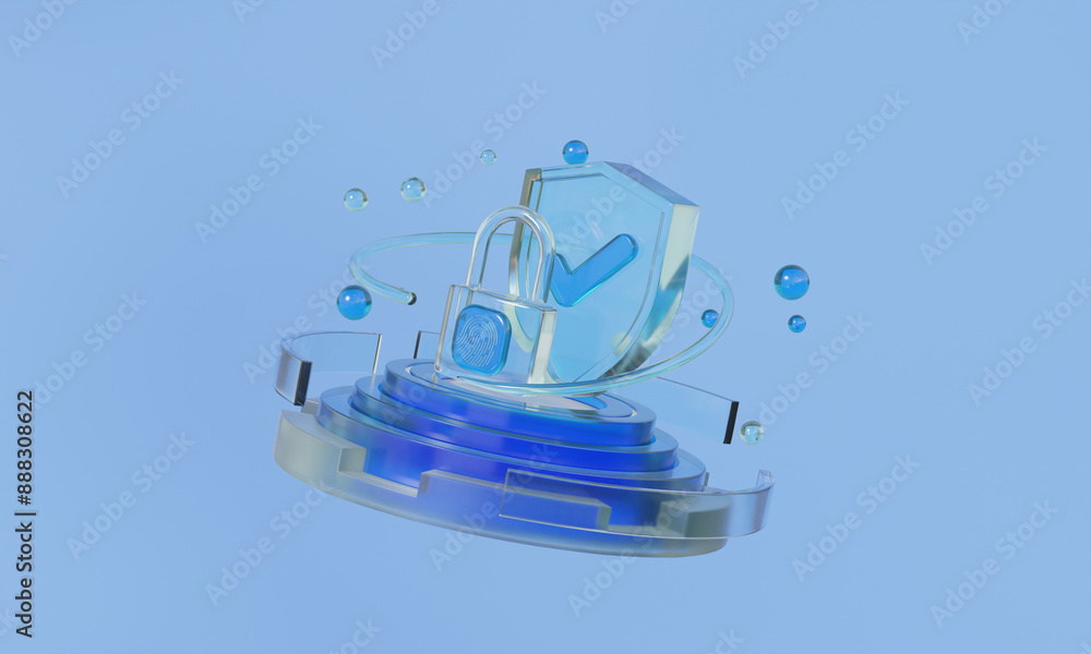 Poster 3d render shield protection padlock fingerprint account on blue background. data cyber security chec