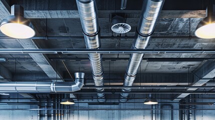 Naklejka premium Ceiling of industrial building featuring ventilation ducts and lighting fixtures