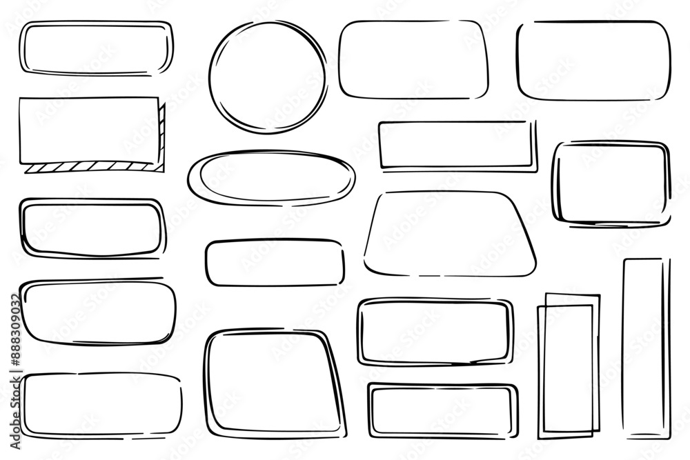 Poster set of hand drawn frames. shape of various doodles. draw a square text box using ink. doodle highlig