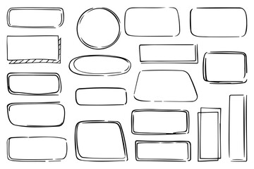 Set of hand drawn frames. Shape of various doodles. Draw a square text box using ink. Doodle highlighting design elements. Line border. Vector illustration isolated on white background.