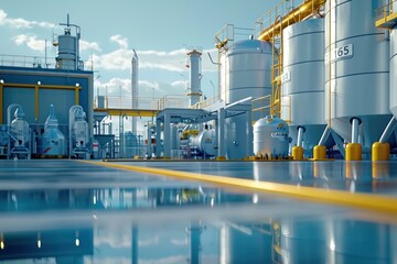 Obraz premium Industrial plant with tanks, pipes, and equipment on a concrete platform, under a blue sky with a yellow line