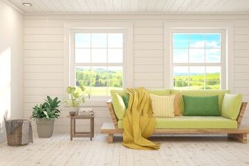 White living room with sofa and summer landscape in window. Scandinavian interior design. 3D illustration