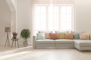 White living room with sofa. Scandinavian interior design. 3D illustration