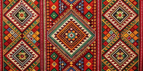 Vibrant Traditional Rug with Intricate Diamond Pattern, Red and Green Colors, Floral Motifs, Close-up, Texture, Fabric, Handwoven