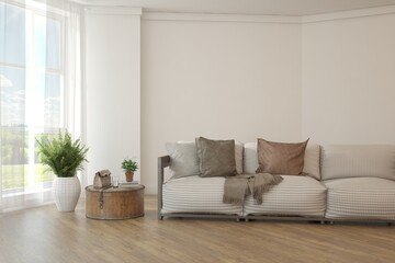 White living room with sofa. Scandinavian interior design. 3D illustration