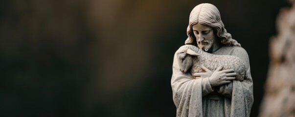 Fototapeta premium A stone sculpture of a Jesus Christ holding a lamb.