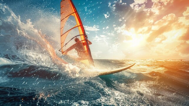Vibrant watersports scene of a man windsurfing at sunset on ocean waves, displaying dynamic energy and excitement - Powered by Adobe