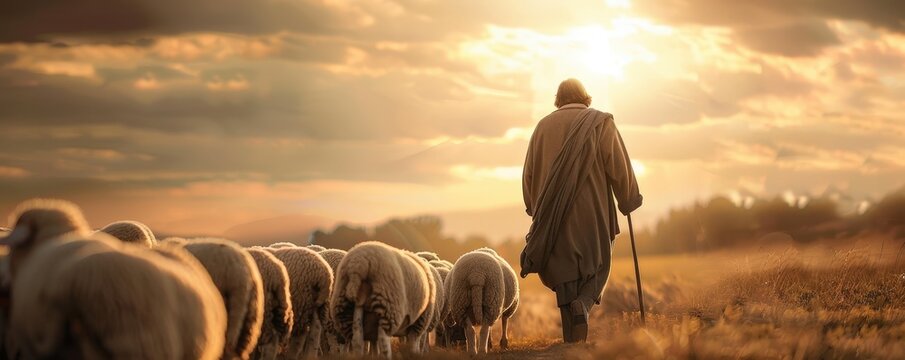 A shepherd leads a flock of sheep towards a golden sunset.