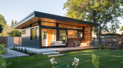 modern guest house in the backyard of a suburban contemporary home, with sustainable features and compact design