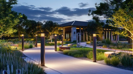 modern fitness trail around a suburban home, with integrated exercise stations and landscape lighting