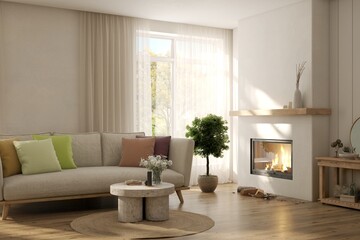 White living room with sofa and fireplace. Scandinavian interior design. 3D illustration