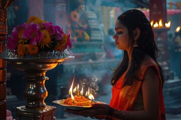 Hindu woman performing aarti with flower offerings at a temple
