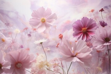 Cosmos flowers in a dreamy pastel landscape.