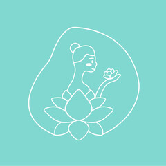 Hand drawn beautiful minimalistic woman logo with lotus flower. Suitable for beauty salon, spa, cosmetic, and skin care, hair salon