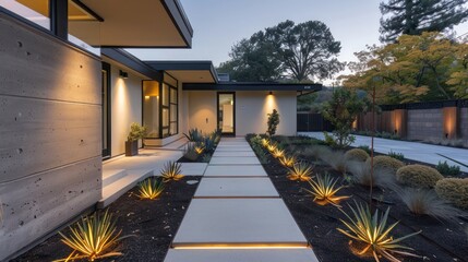 Fototapeta premium minimalist walkway leading to a suburban mid-century modern home, lined with native plants and sleek lighting