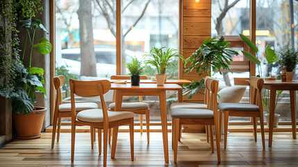 Fototapeta premium Cozy Cafe Interior with Natural Wood Furnishings and Lush Green Plants