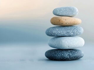 Stack of five smooth stones on a gray background, a zen concept.