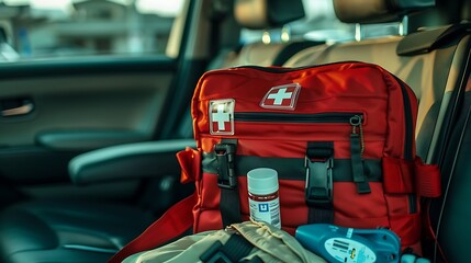 Car's emergency kit featuring a first aid kit for road safety and emergency