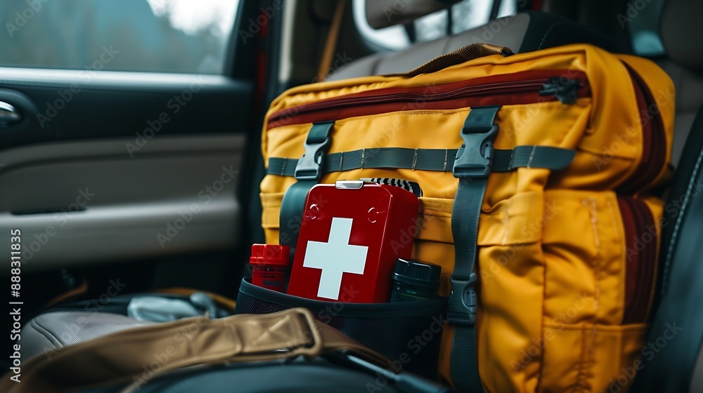 Wall mural car's emergency kit featuring a first aid kit for road safety and emergency