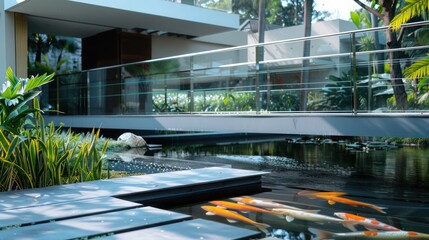 minimalist bridge over a koi pond in the garden of a suburban contemporary home, featuring sleek railings and clear glass panels
