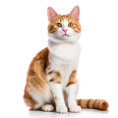 Beautiful white, red fluffy cat sitting, front view. Cute kitten isolated on white