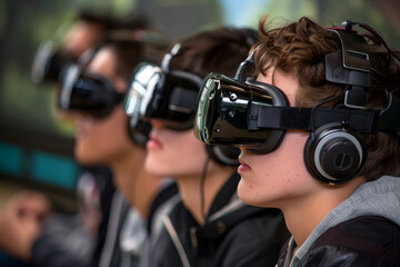 A group of teenagers wearing VR headsets and headphones, fully engaged in a virtual reality experience.